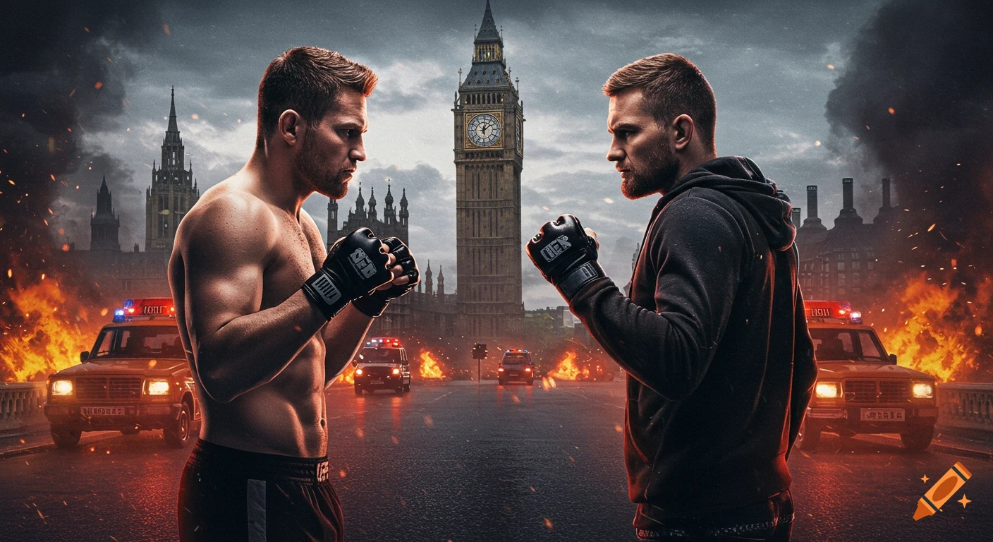 Two fighters face off on a London street with Big Ben in the background, police cars, and fire.