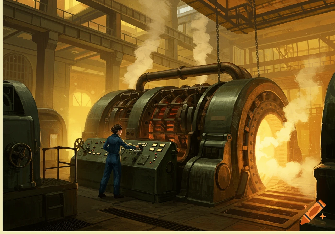 A person operates a large machine emitting smoke in a power plant.