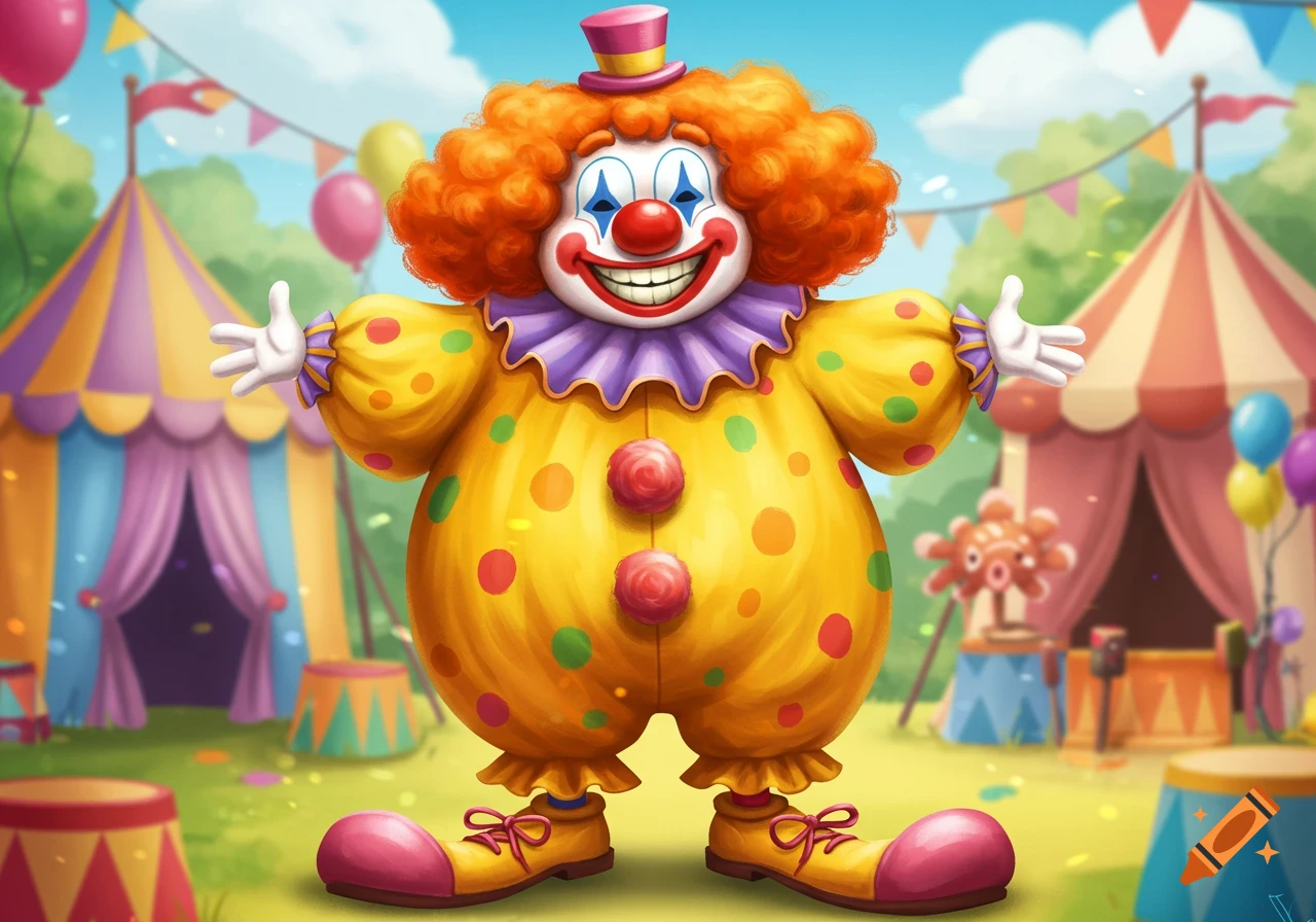 A smiling cartoon clown with orange hair and a yellow polka dot suit stands in a circus scene.