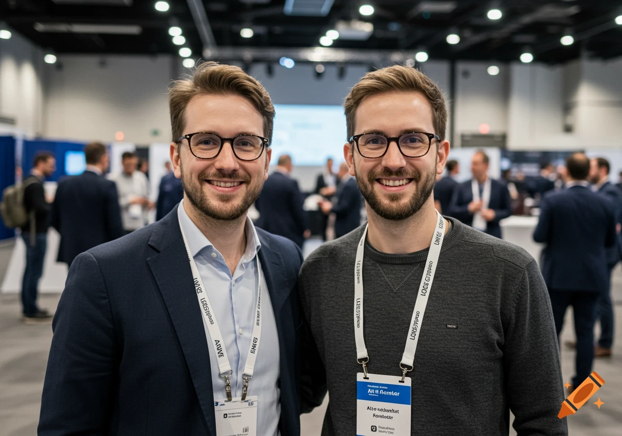 Two men wearing glasses and conference badges smile at a conference.