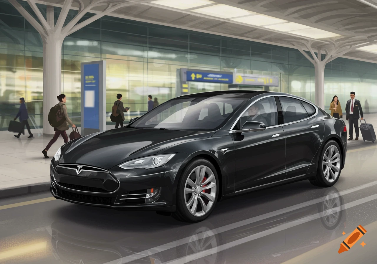 Black car parked outside an airport terminal with people walking by.