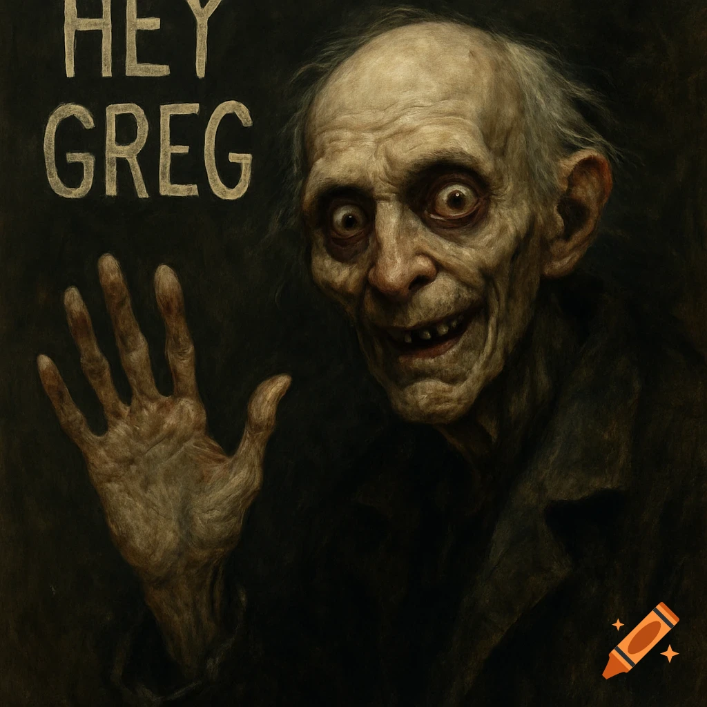 Close-up portrait of a creepy old man waving with text saying "HEY GREG" in a dark, painterly style.