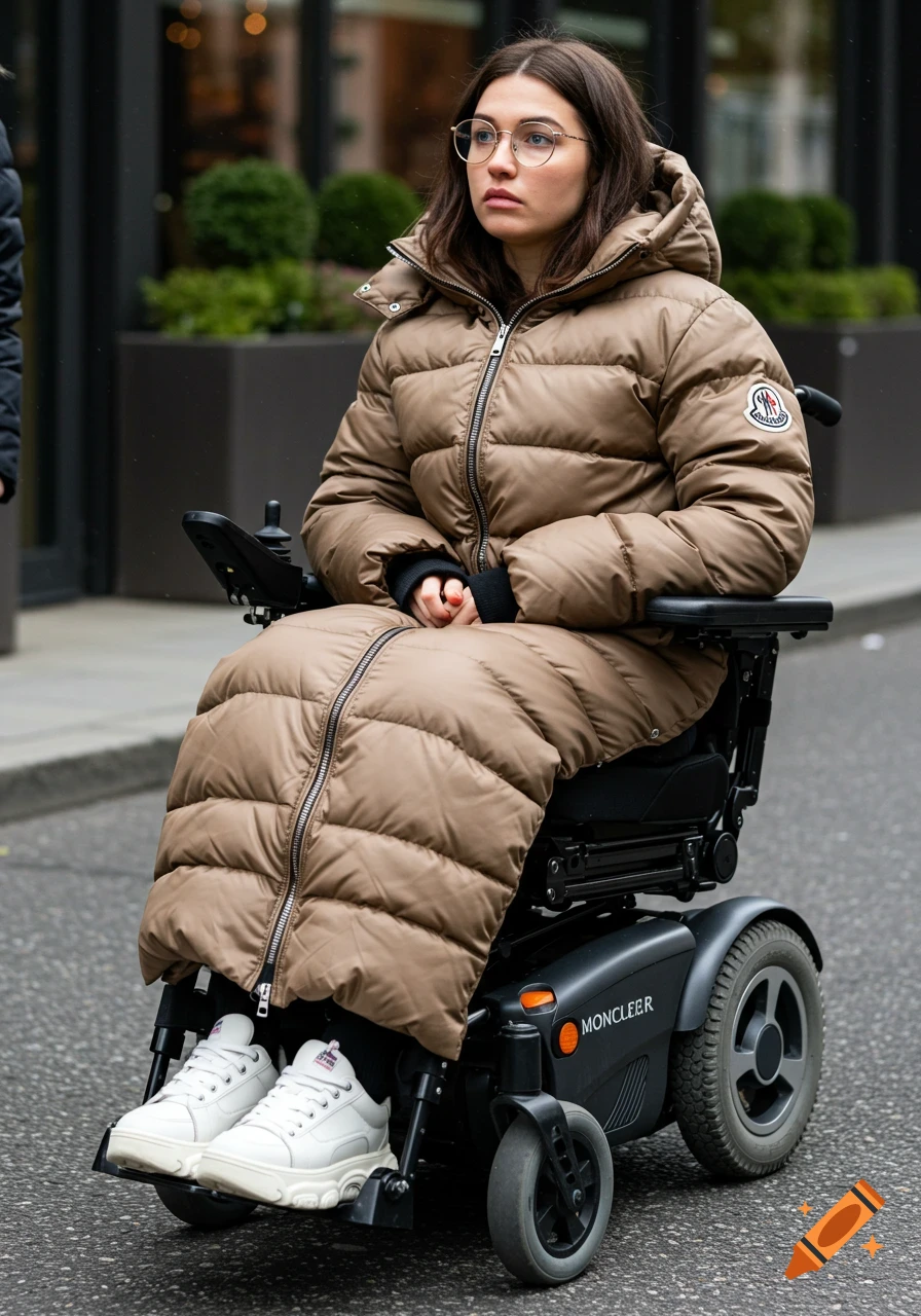 Young woman in a long brown puffer coat and glasses seated in an electric wheelchair on a city street.