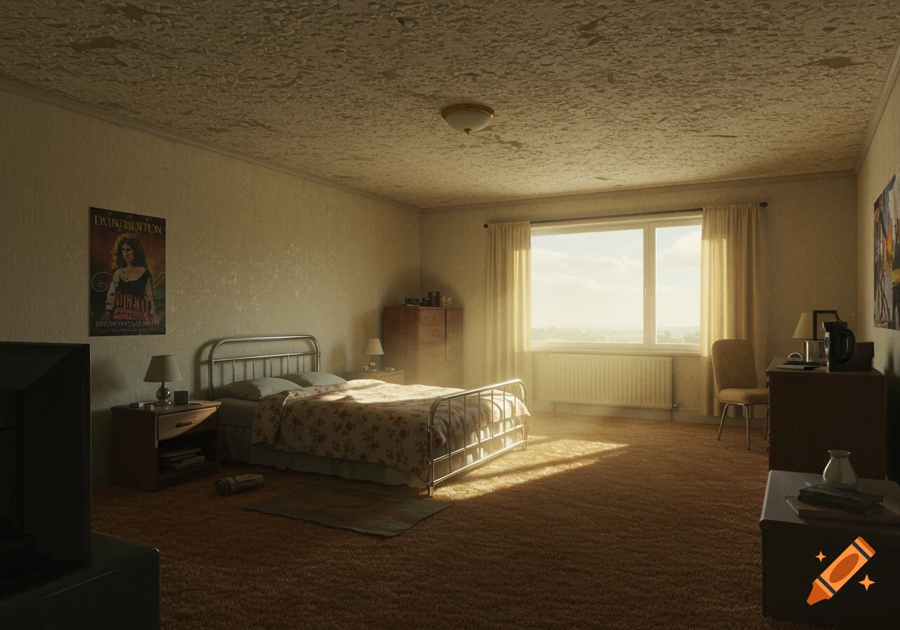 Bedroom with beige carpet, textured ceiling, and sunlight streaming through a window.