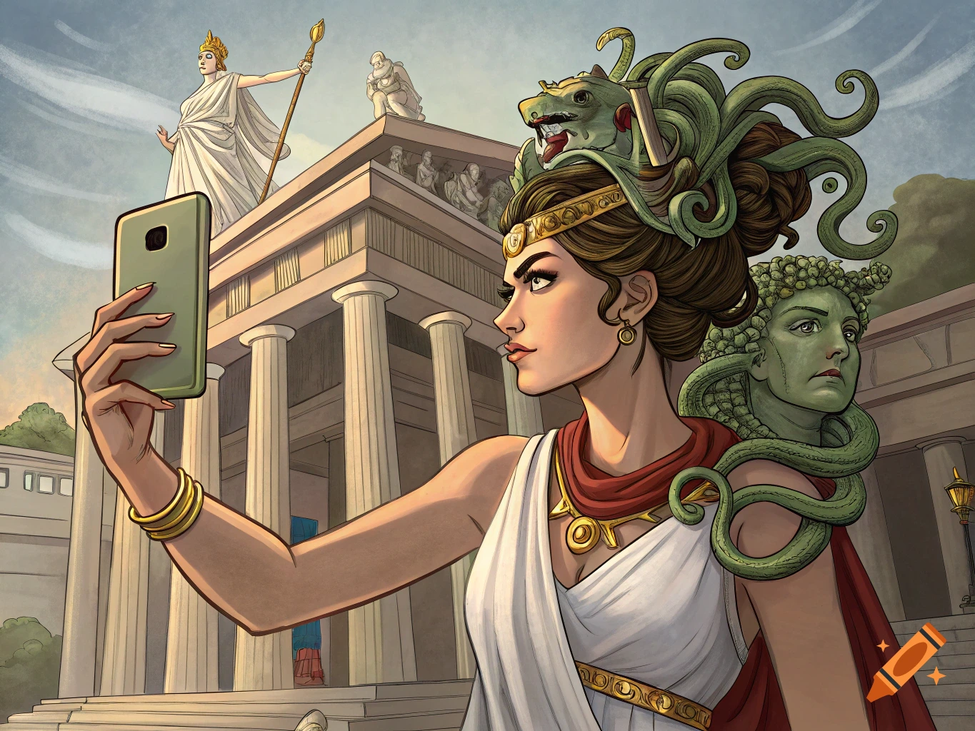 Illustration of a woman dressed as a Greek figure taking a selfie in front of a temple with Medusa in the background and an Athena statue on the roof.