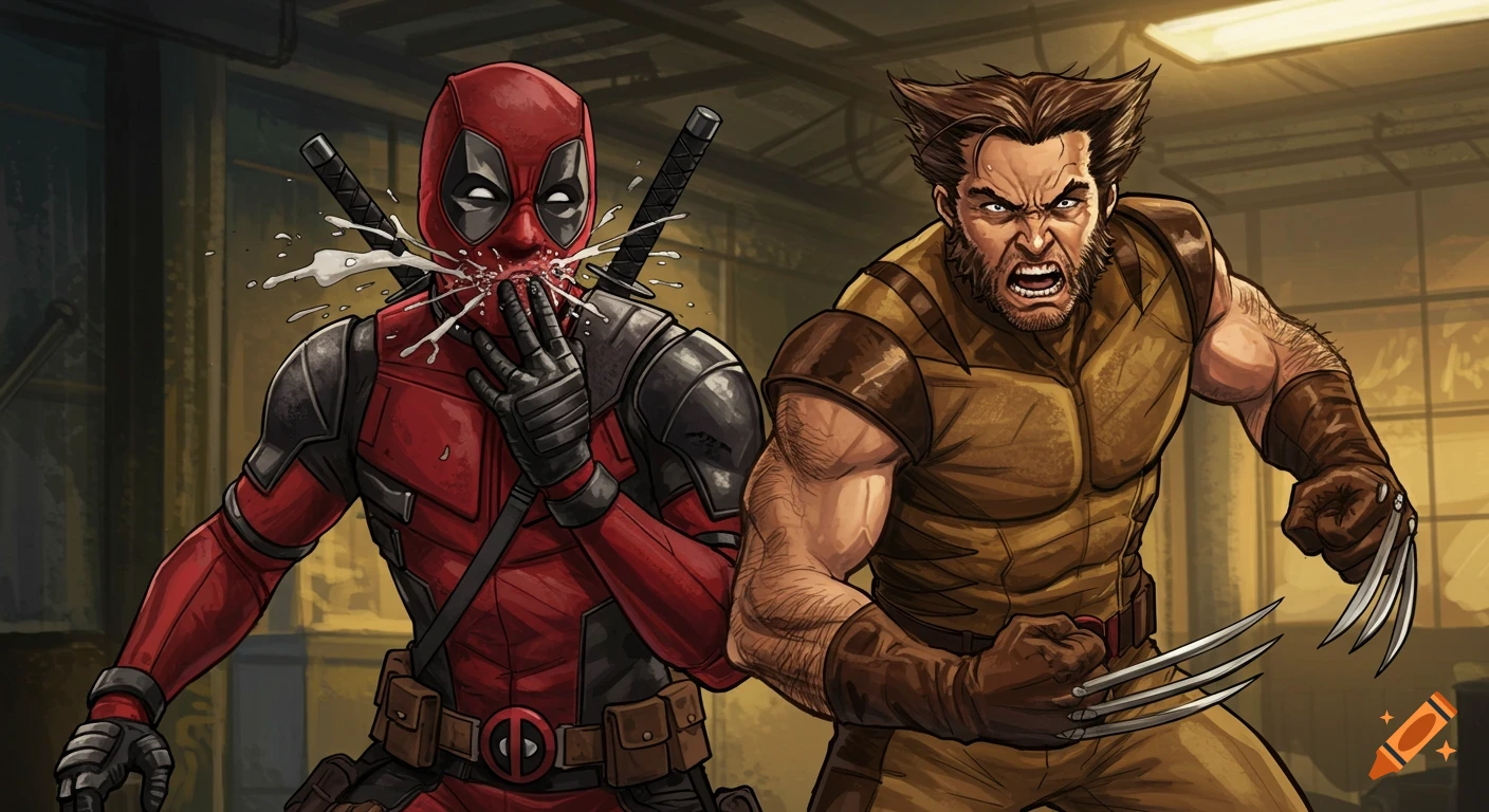 Comic book illustration of Deadpool sneezing water onto an angry Wolverine with claws out.