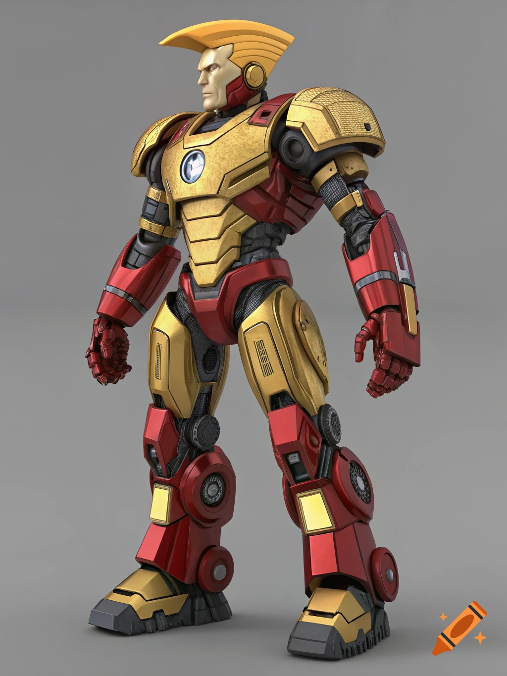 A mecha robot with gold and red armor, styled after a political figure with a distinctive yellow hairstyle, stands against a grey background.