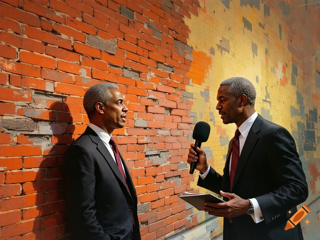 Two men in suits, one holding a microphone, stand against a brick wall.