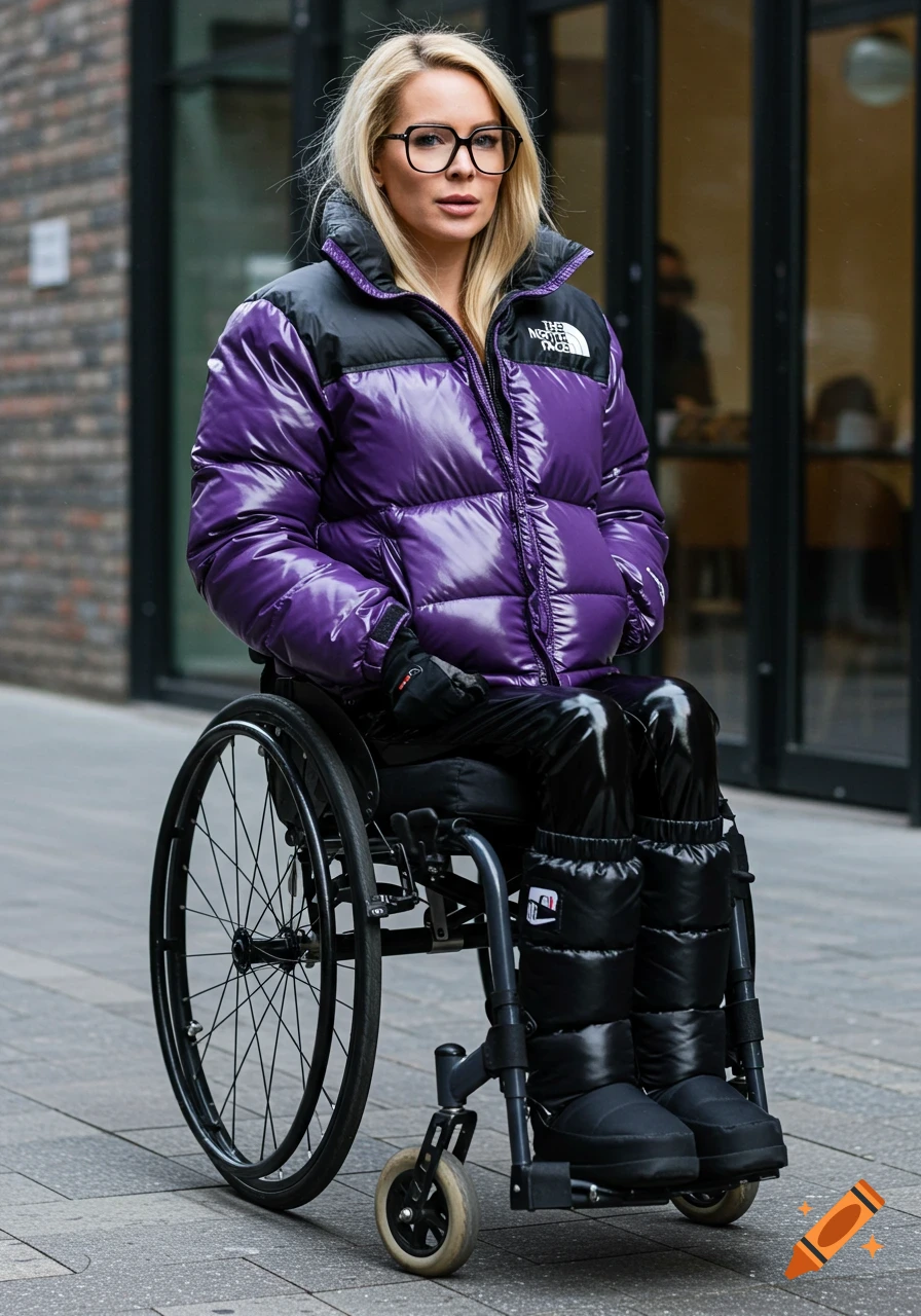 Woman in a wheelchair wears a shiny purple puffer jacket and black boots on a sidewalk.