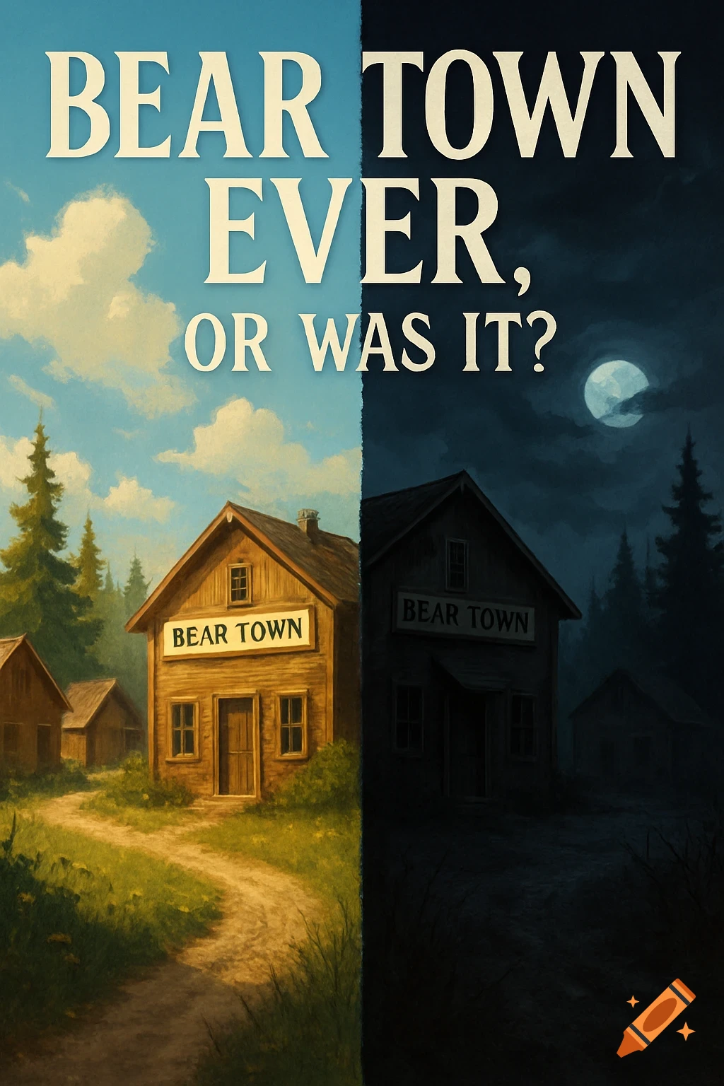 A split image of a cabin and landscape, sunny day on the left, moonlit night on the right. Text at the top reads "BEAR TOWN EVER, OR WAS IT?"