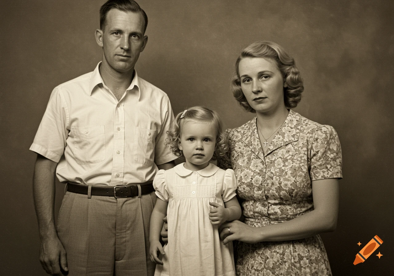 Sepia vintage photo of a man, woman, and young child posing stiffly for a family portrait.