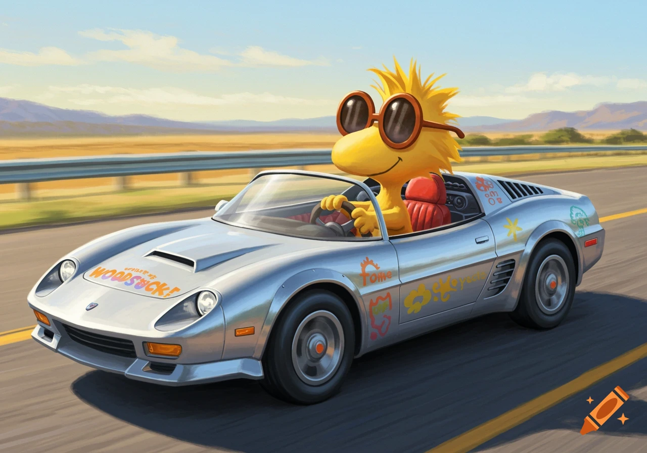 Woodstock from Peanuts wearing sunglasses and driving a silver convertible car down a road.