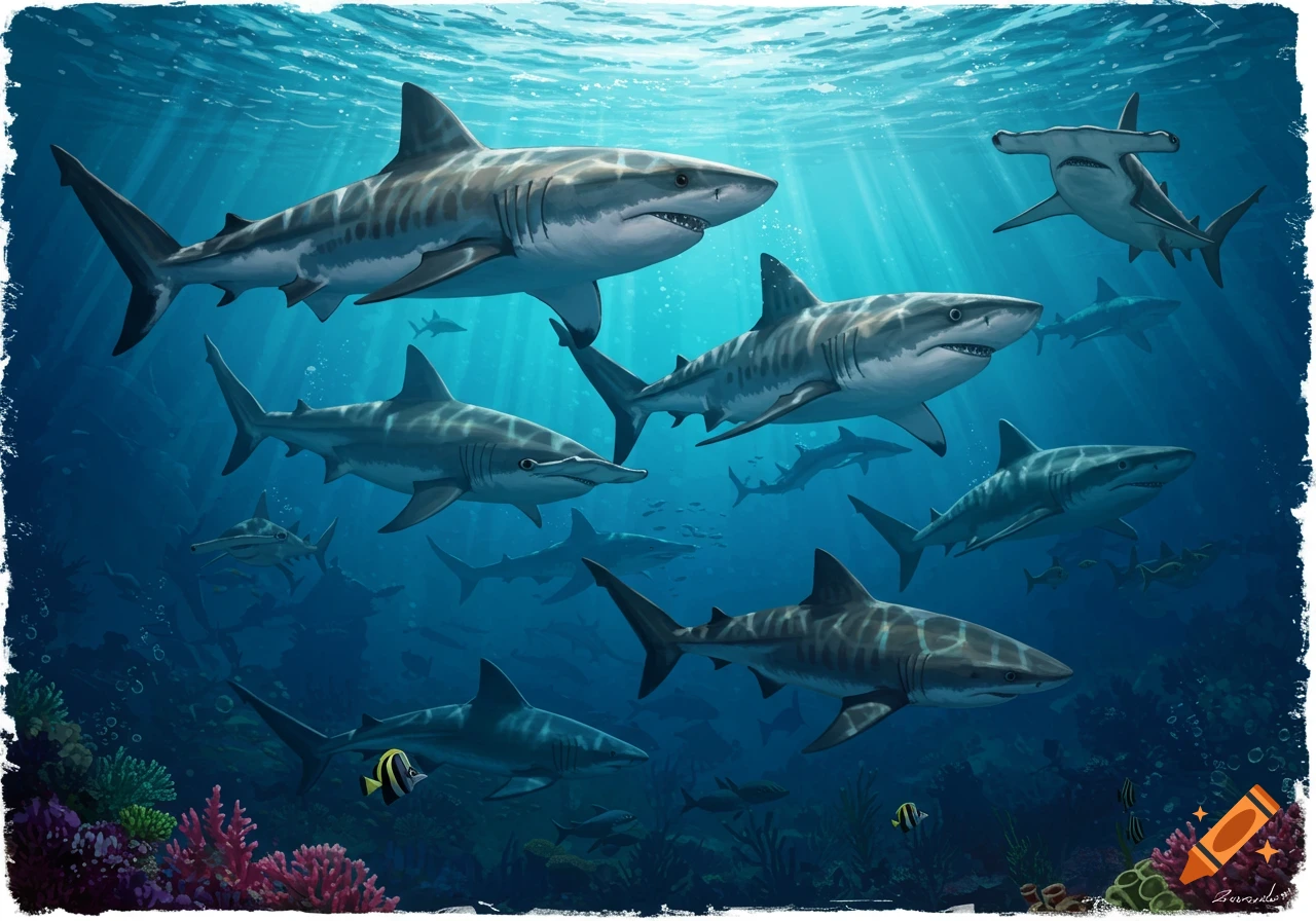 Underwater scene with multiple sharks, including tiger sharks and a hammerhead, swimming over a coral reef.