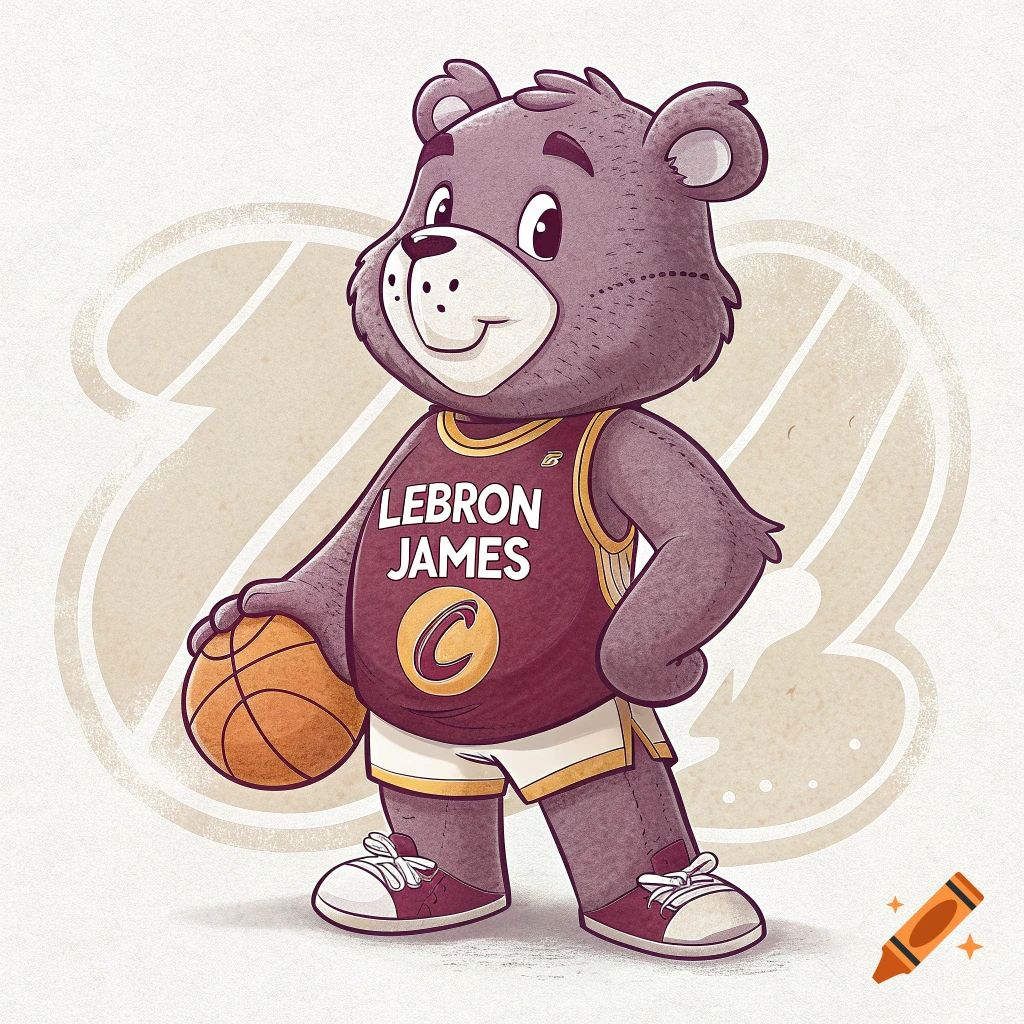 A cartoon bear wearing a basketball jersey and holding a basketball.