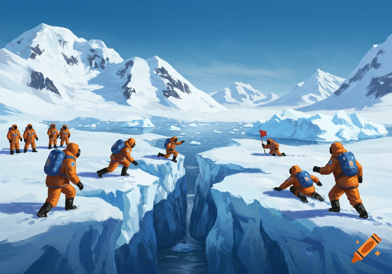 Figures in orange suits play capture the flag in an icy Antarctic landscape. Digital art.
