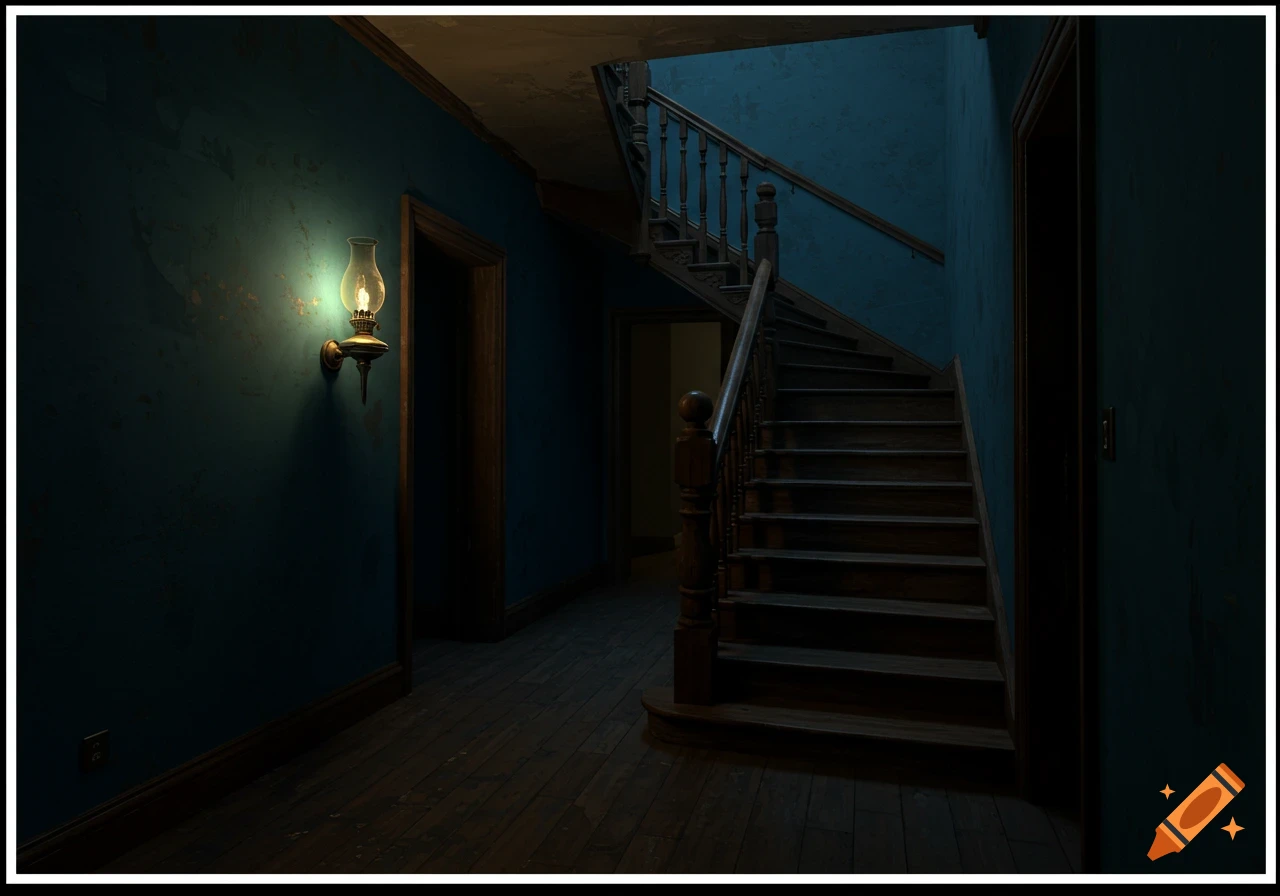 A dark hallway with a wooden staircase and a lit wall lamp.