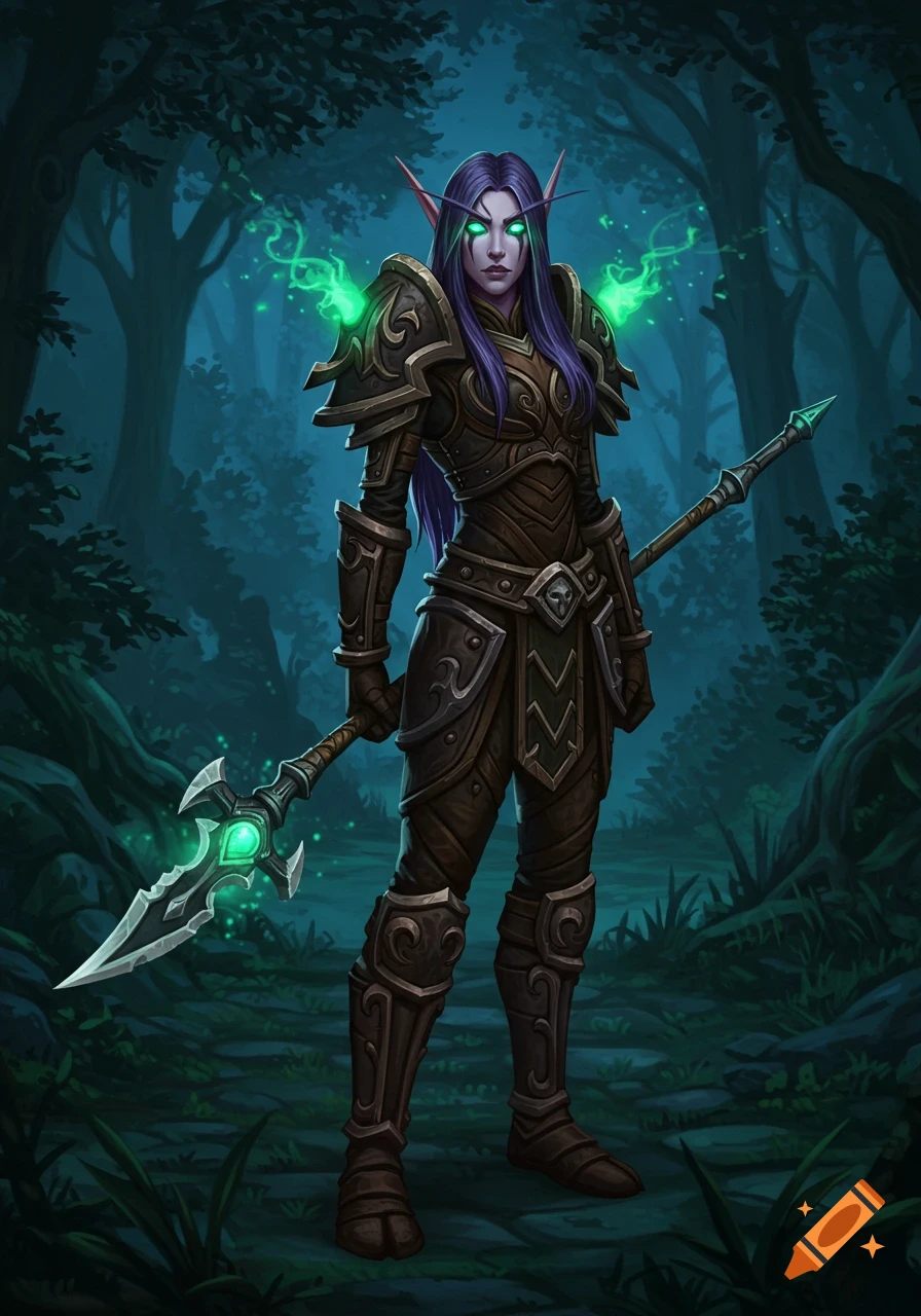 Night elf druid in leather armor holding a spear in a dark forest