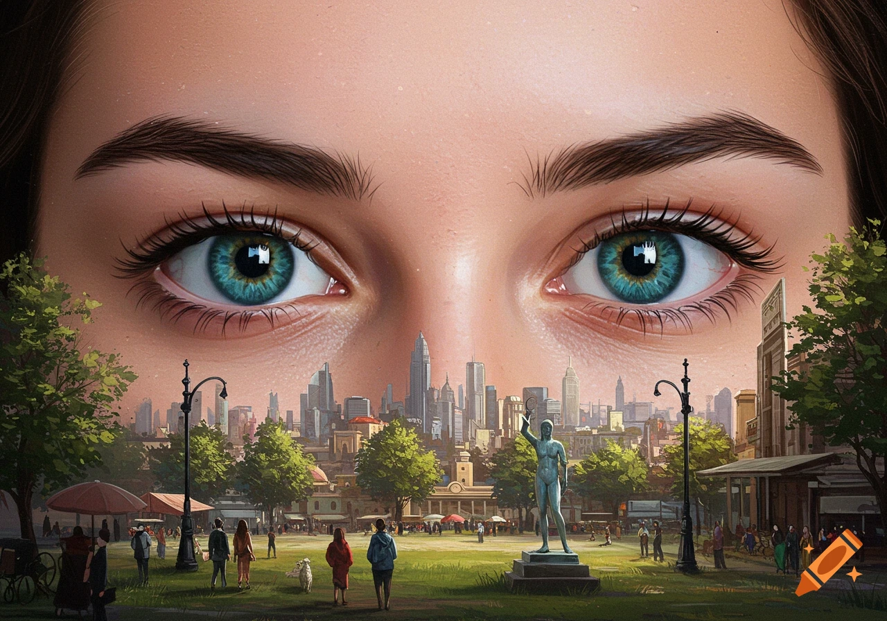 Large eyes look over a surreal cityscape and park with small figures.