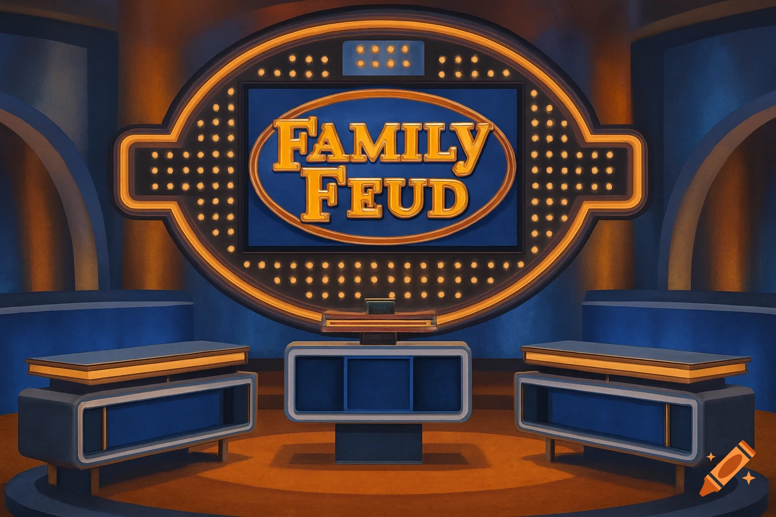 An empty Family Feud game show stage set.