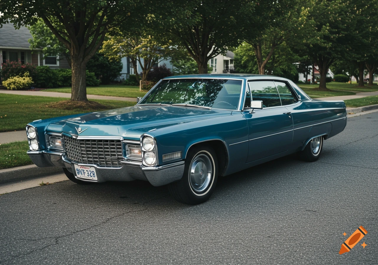 A blue vintage Cadillac parked on a suburban street.
