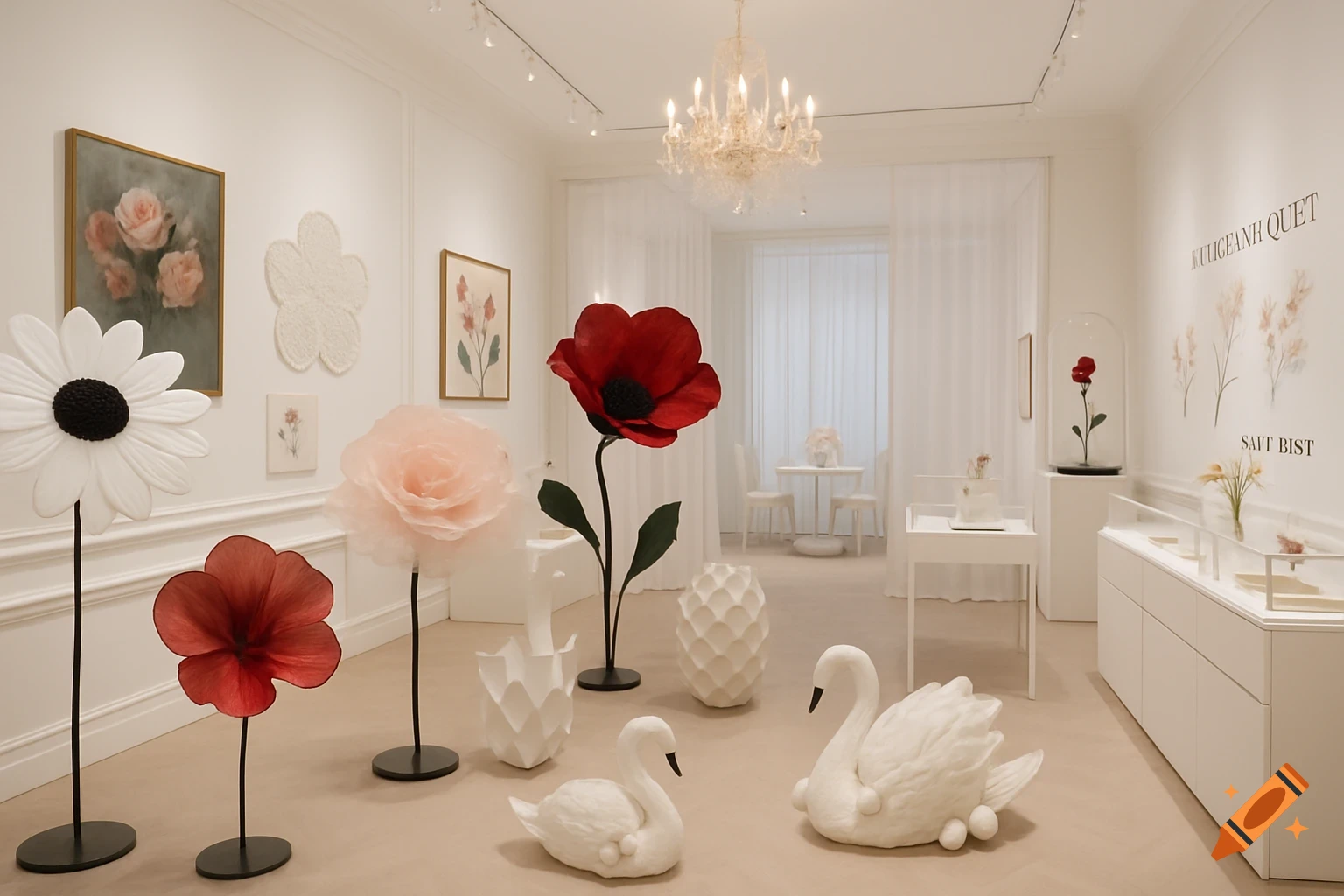 A bright, modern art gallery room featuring large sculptures of flowers and swans, paintings, and display cases.