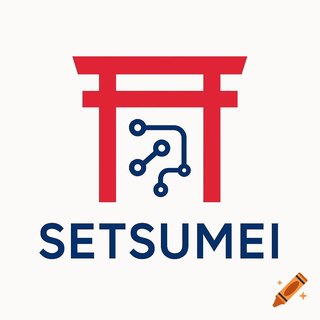 Logo for SETSUMEI featuring a geometric red Torii gate symbol with a blue circuit board design inside, and the text SETSUMEI below.