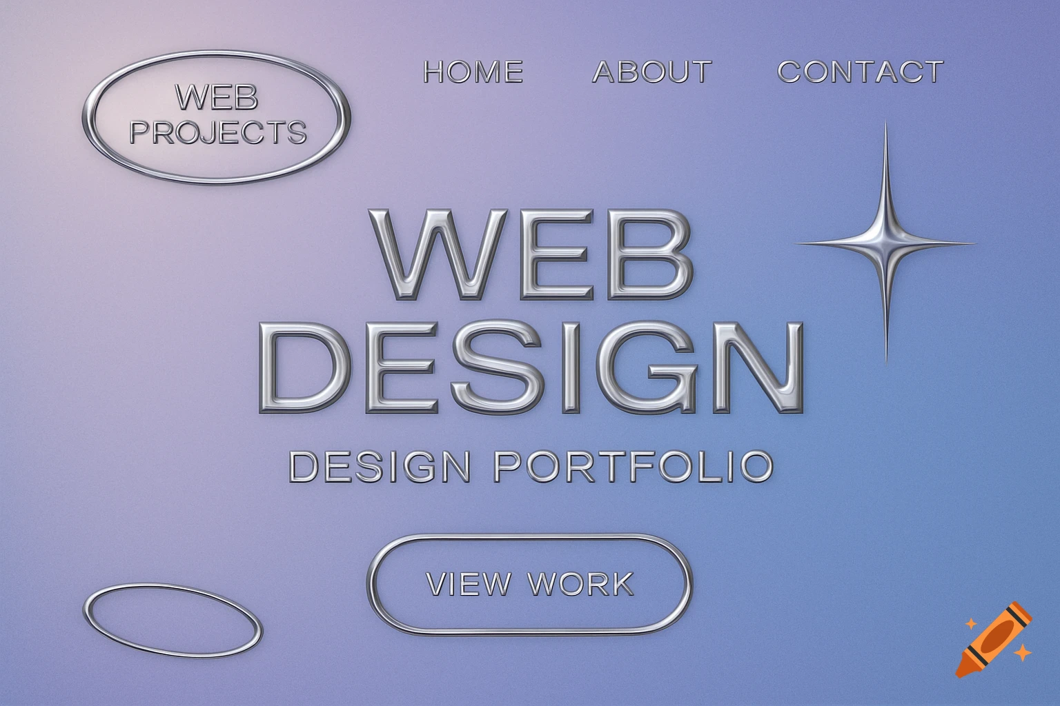 Metallic text 'WEB DESIGN', 'WEB PROJECTS', 'DESIGN PORTFOLIO' with navigation links on a gradient background in Y2K style.