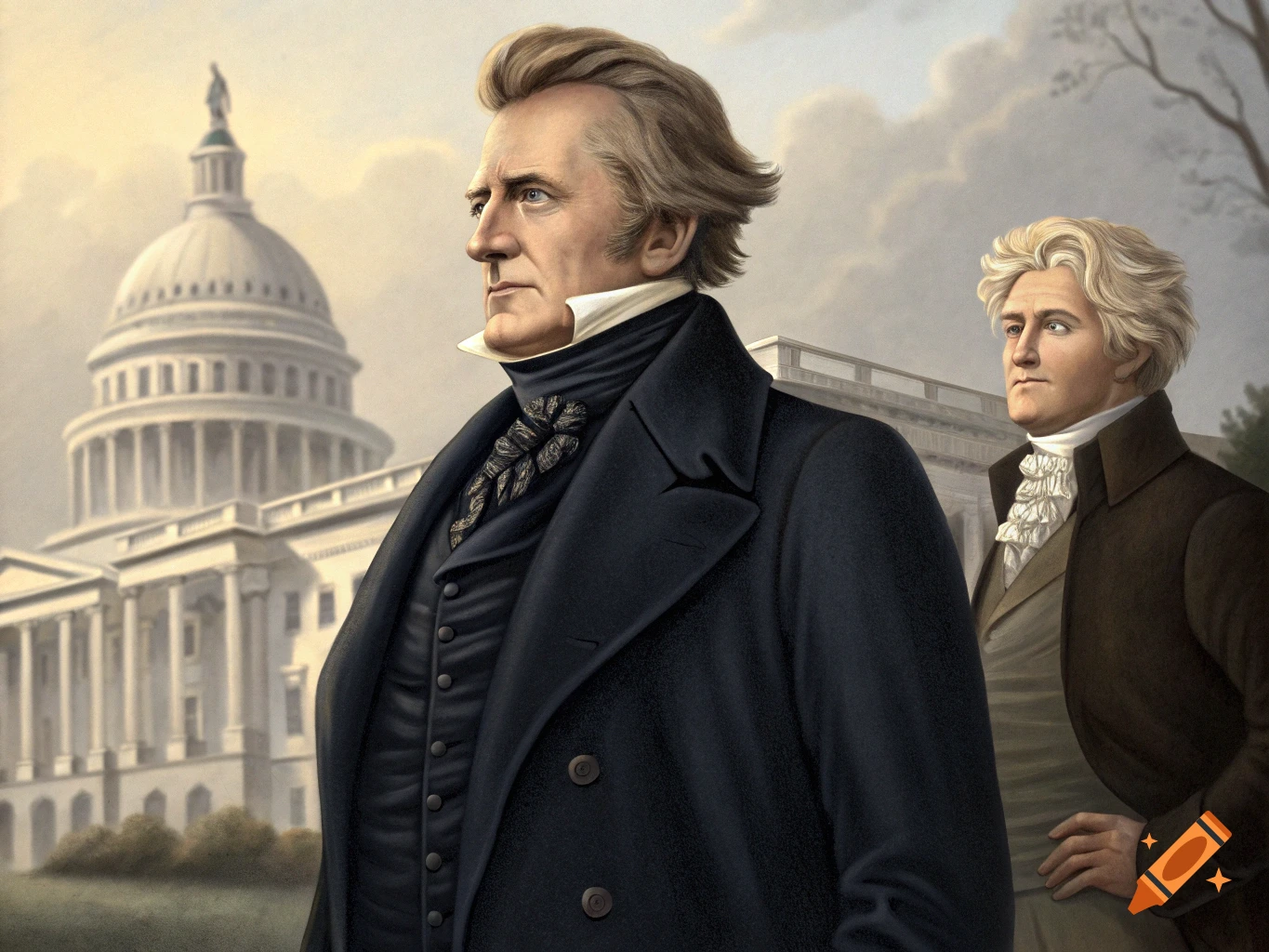 Painting of two men in historical clothing, one prominent, standing in front of a domed building.
