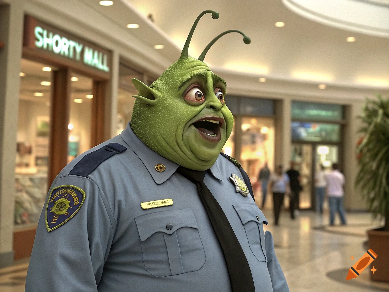 A fat green alien with antennae wears a police uniform in a mall. CG rendering style.
