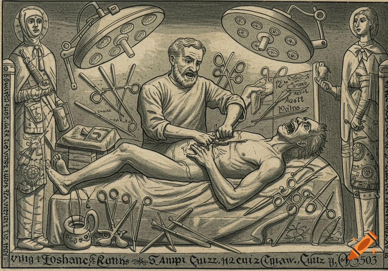 Engraving of a surgeon operating on a patient, surrounded by tools and figures in historical dress.