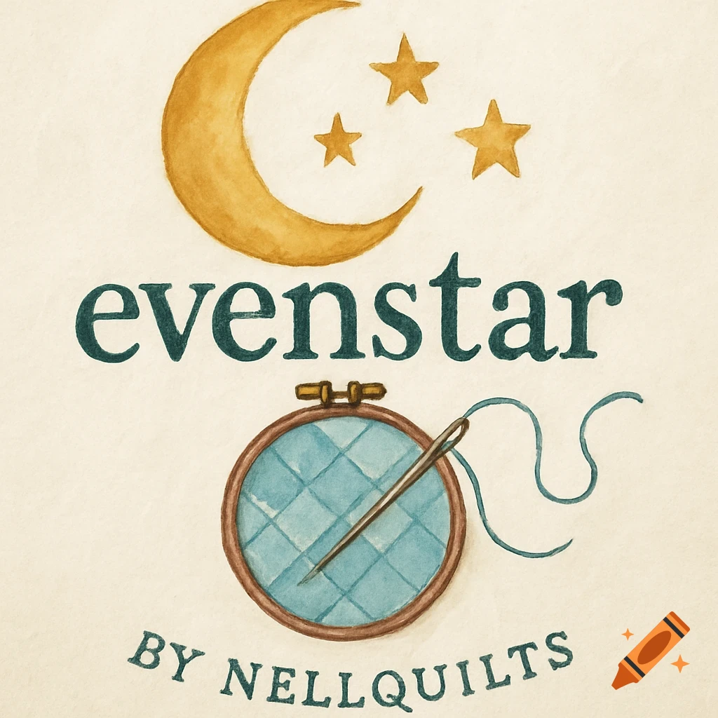 Watercolor logo with moon, stars, embroidery hoop with needle and thread, and text 'evenstar BY NELLQUILTS'.