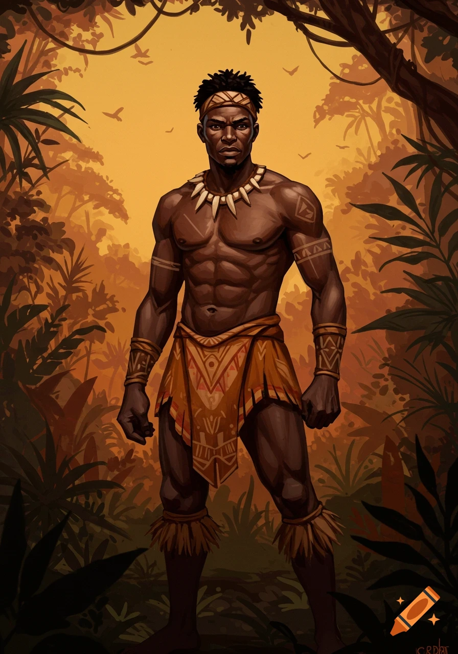 A muscular man wearing tribal clothing stands in a jungle.