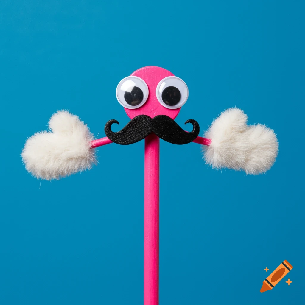 Pink stick character with googly eyes, mustache, and furry gloves on a blue background.