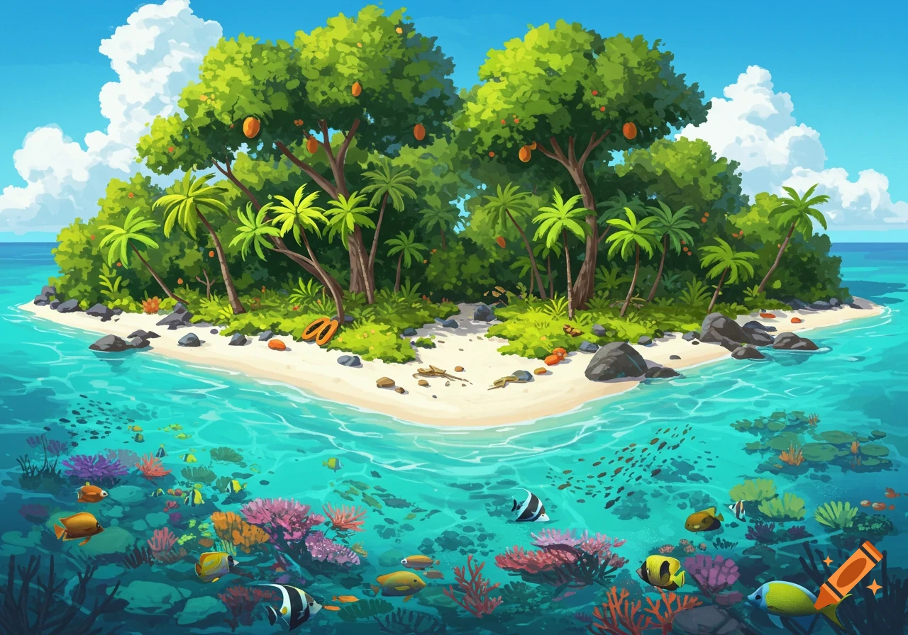 Vibrant illustration of a tropical island with fruit trees, beach, clear ocean water, coral reef, and colorful fish.