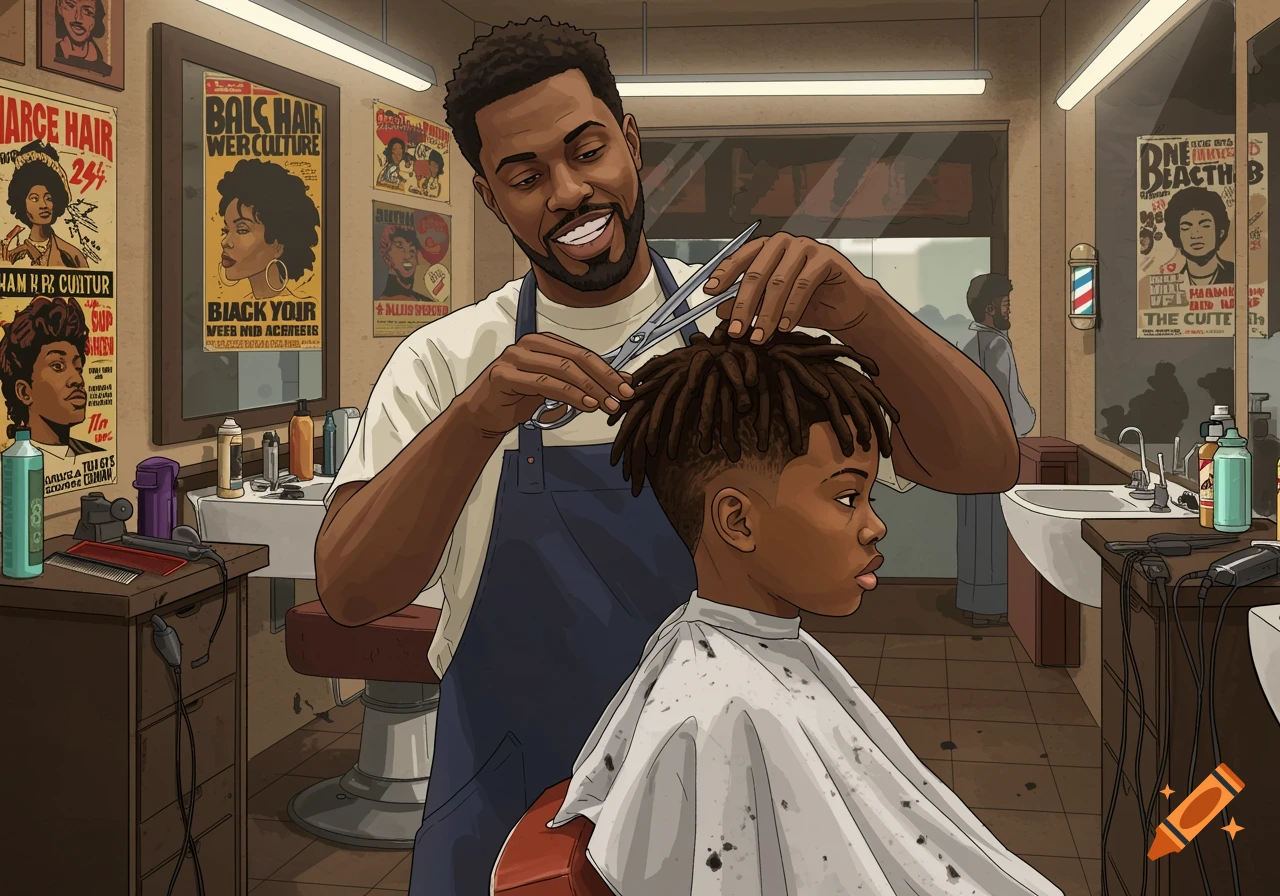 Black barber cuts a young boy's locs in an illustrated barbershop.