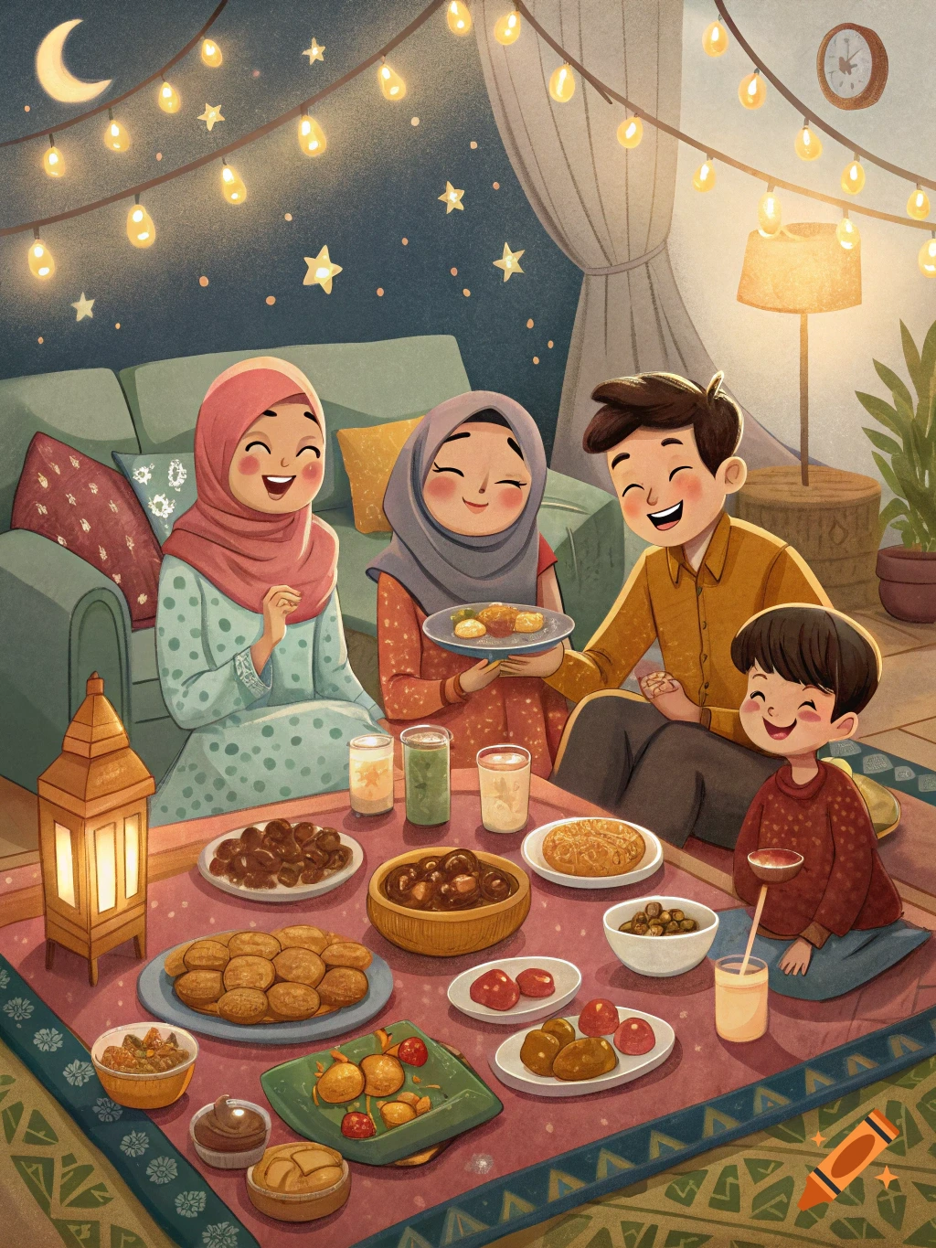 Illustration of a family eating a meal together during Ramadan, with food on the floor and decorative lights.