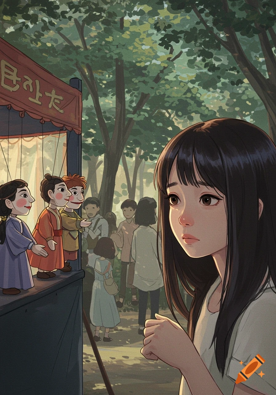 An Asian girl looks sadly at a puppet show stage with wooden puppets performing for a crowd, in an anime illustration style.
