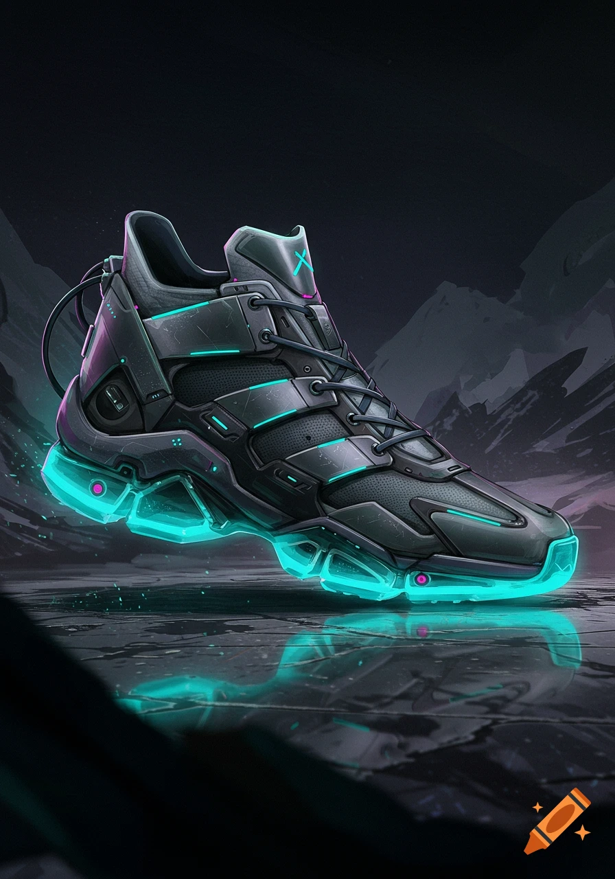 A dark, futuristic shoe with glowing blue accents reflects on a wet surface.