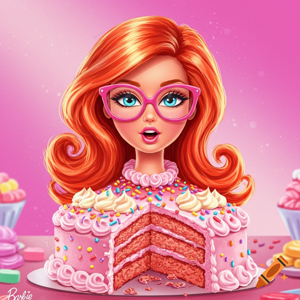 Stylized character with red hair and glasses emerging from a decorated pink cake.