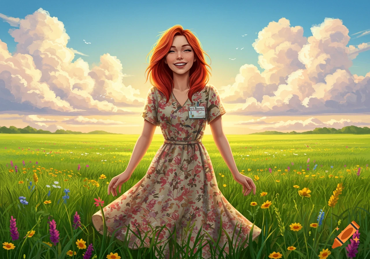 Illustration of a woman with red hair in a floral dress standing in a sunny field of flowers