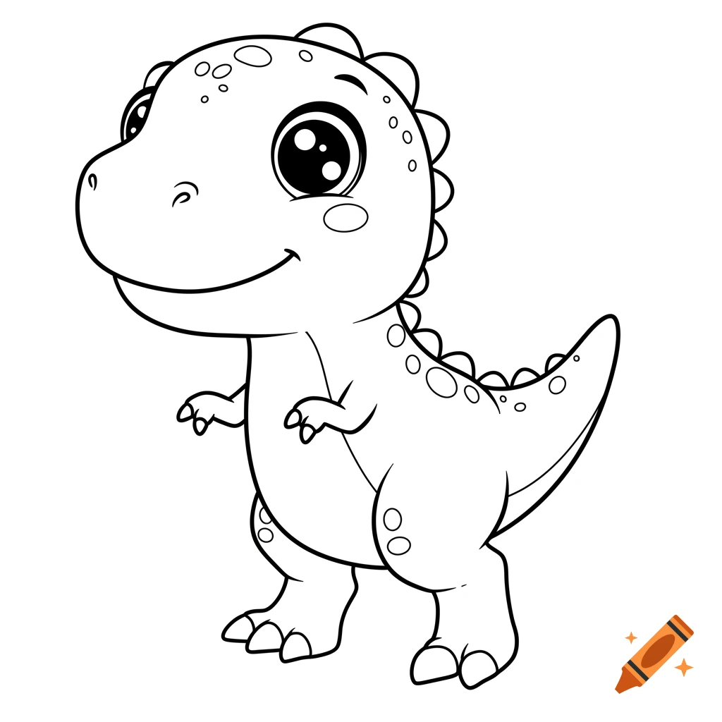 Black and white line drawing of a cute baby dinosaur in a coloring book style.