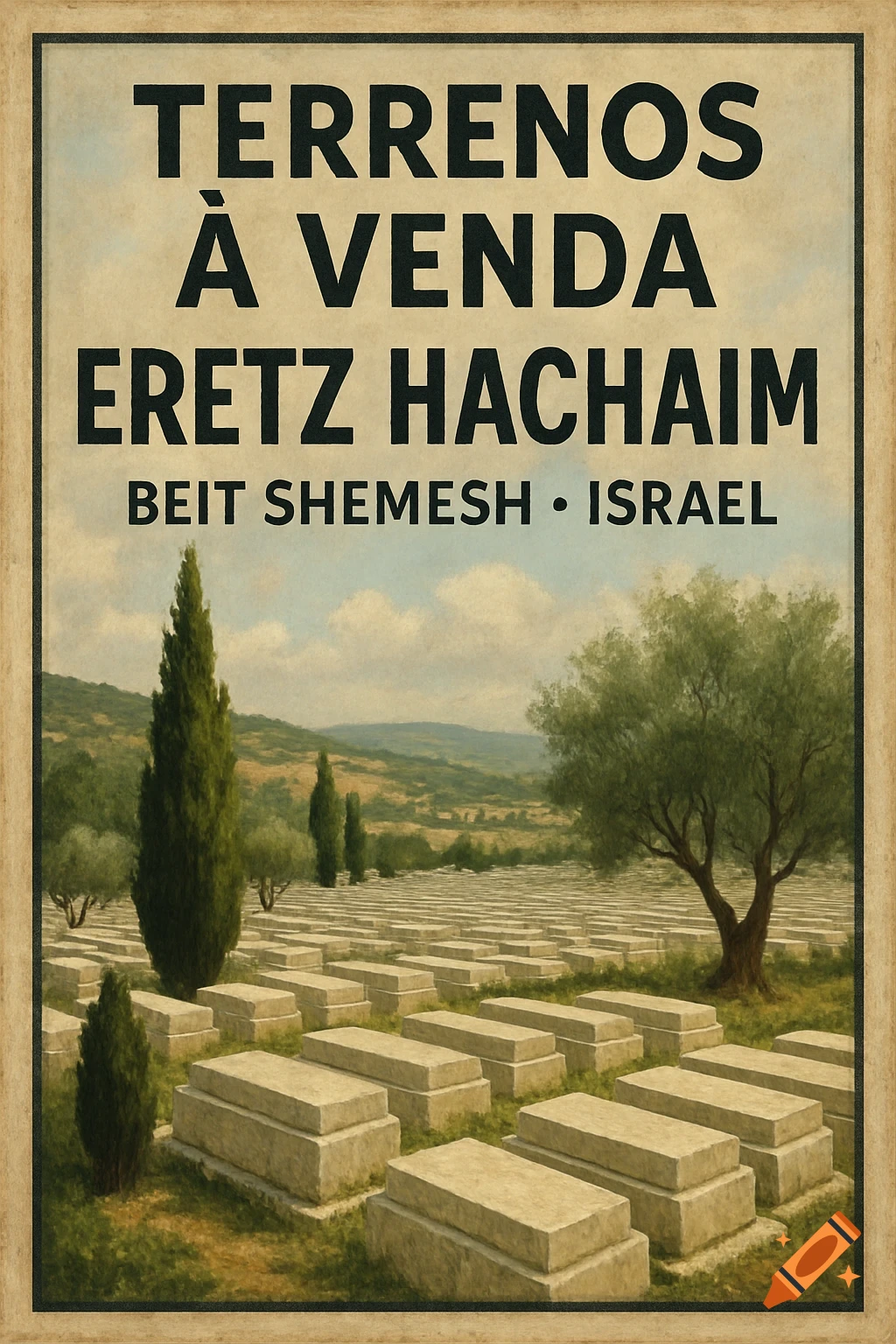 Advertising poster for cemetery plots for sale in Beit Shemesh, Israel, with rows of graves and trees.