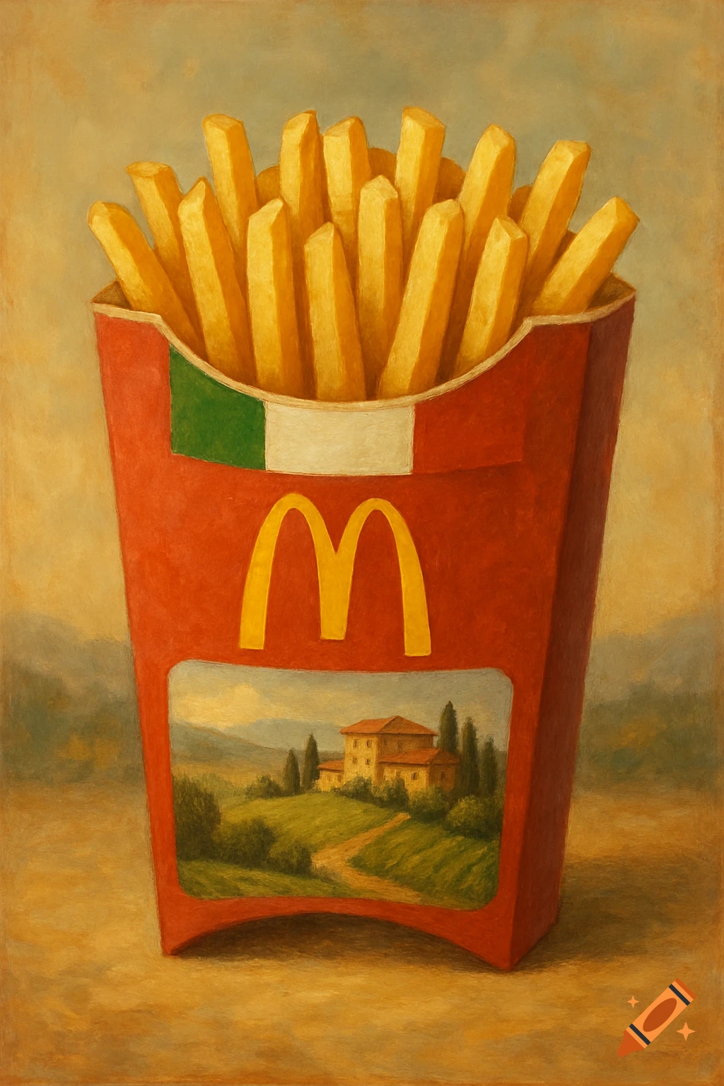Painting of a box of McDonald's fries with an Italian flag and a Tuscan landscape on the front.