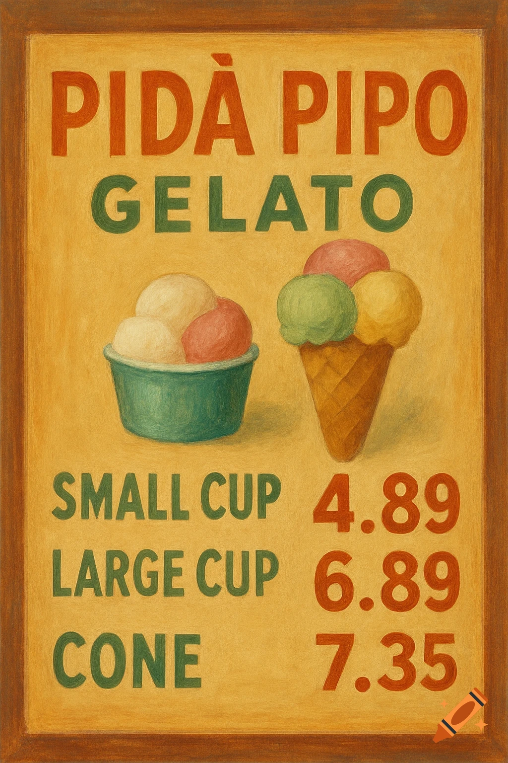 Gelato menu board with ice cream in a cup and cone.