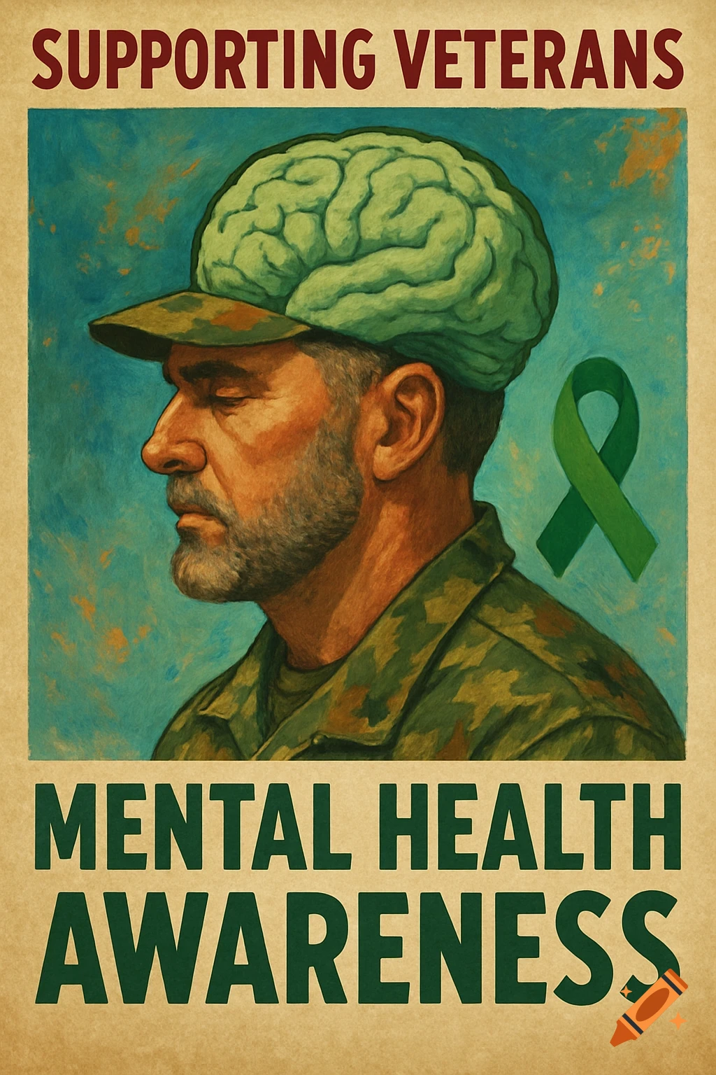 Poster for supporting veterans mental health awareness, showing a veteran wearing a brain-shaped hat with a green ribbon.