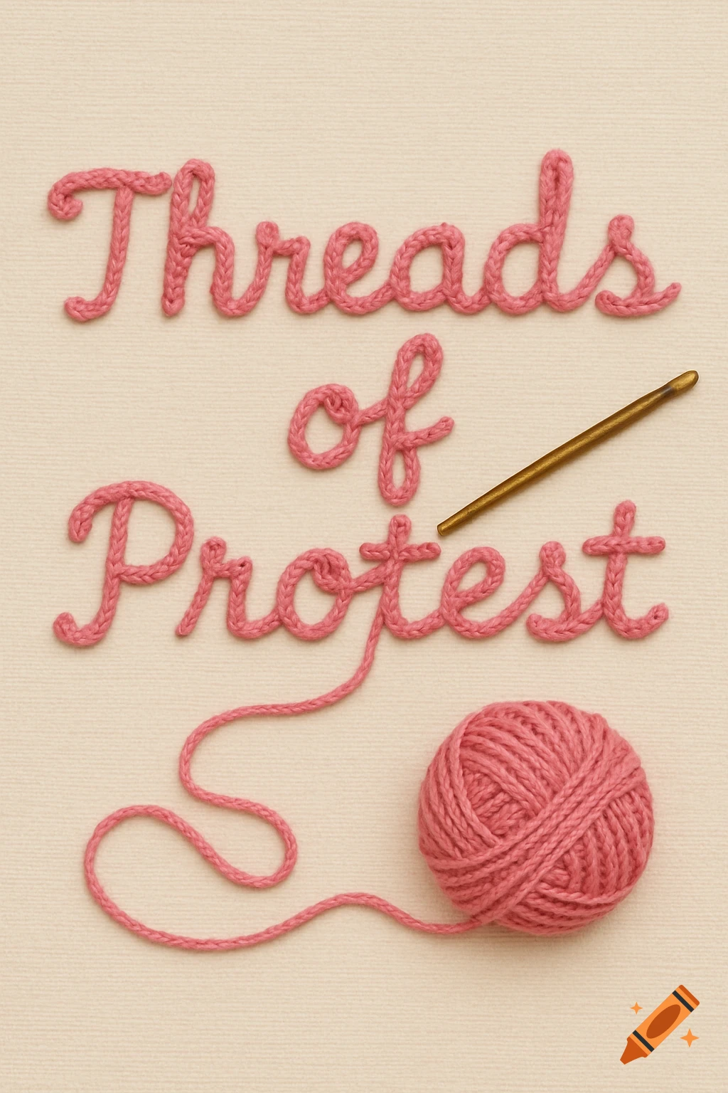 Words 'Threads of Protest' made of pink yarn, with a ball of yarn and crochet hook on a cream background.