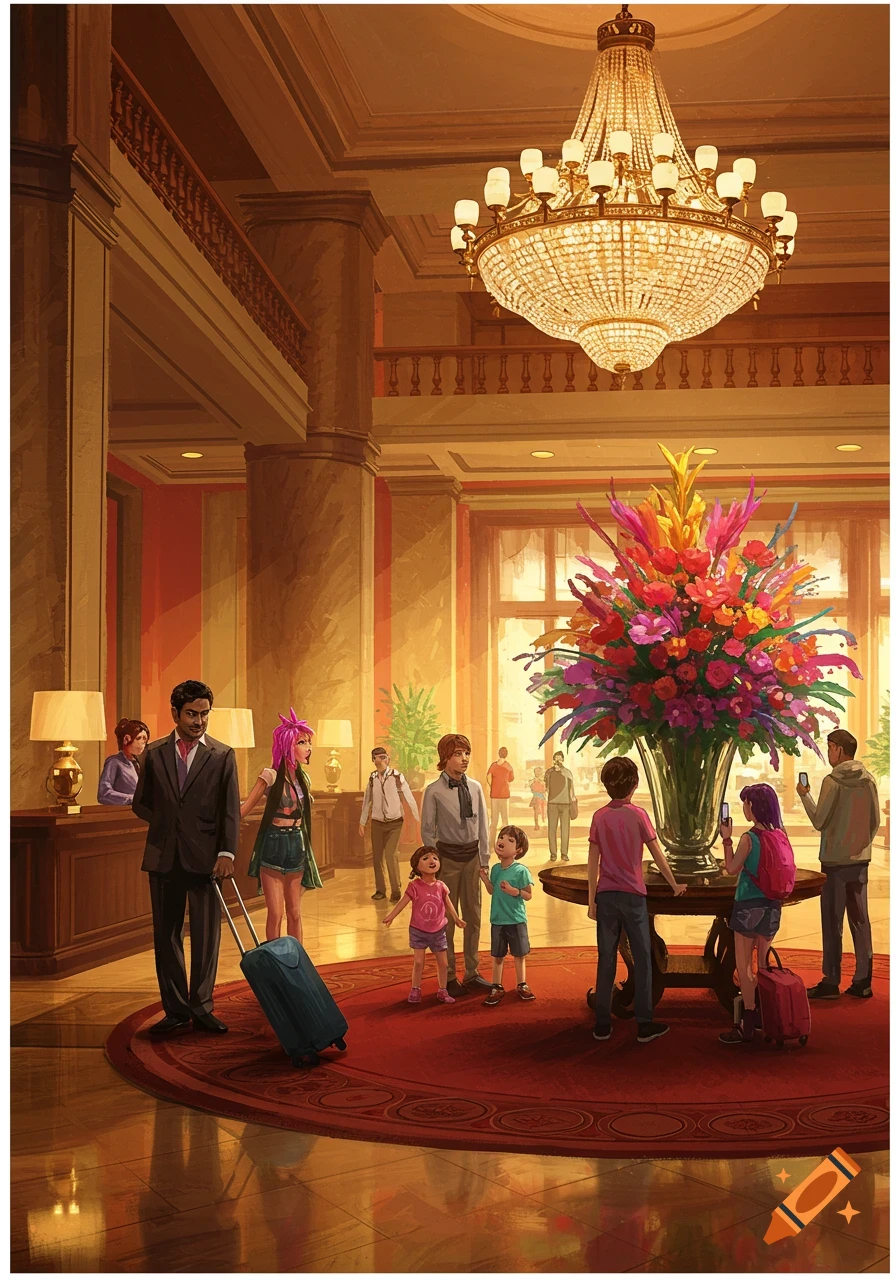 Illustration of a busy hotel lobby with people, including a family and a man checking in.