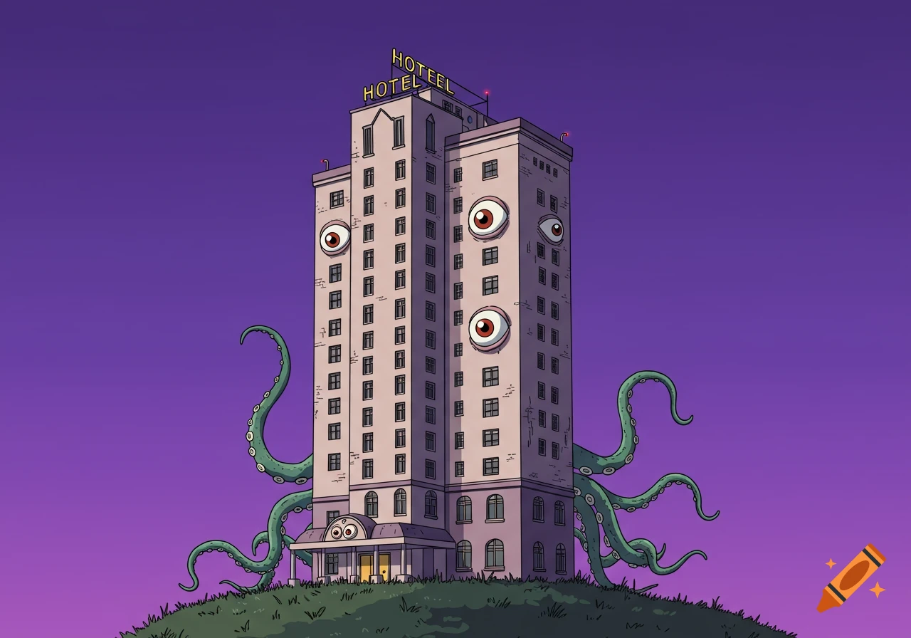 Cartoon monster hotel with eyes and tentacles on a hill under a purple sky.
