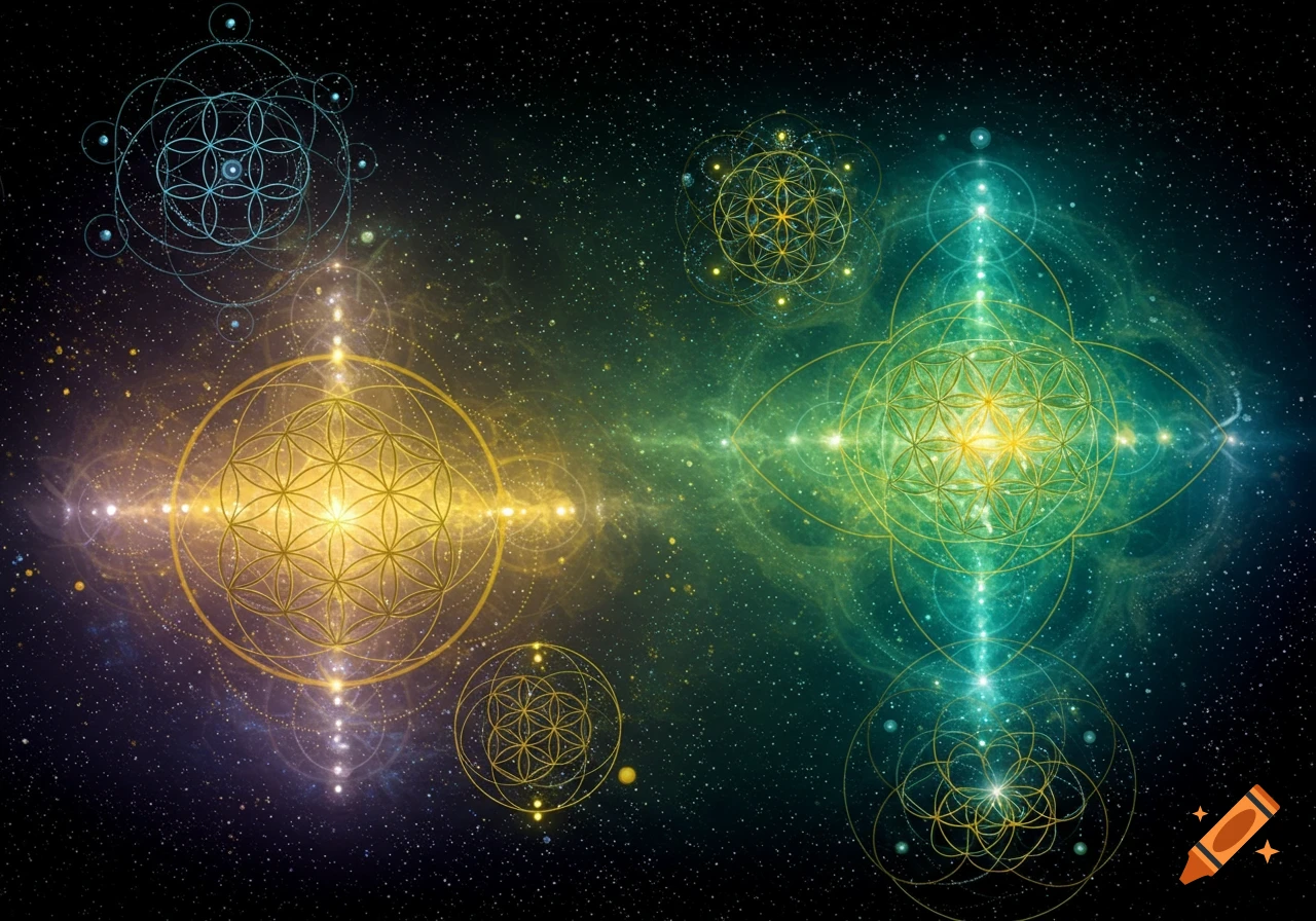 Sacred geometry shapes glowing in space