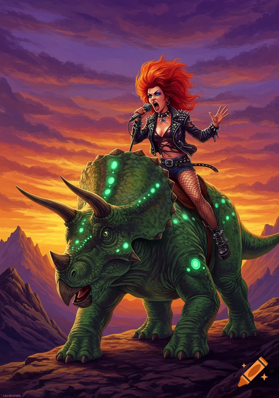 Illustration of a female rock singer with red hair riding a green triceratops dinosaur at sunset.